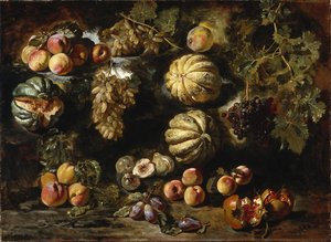 Martwa natura z melonami, brzoskwiniami, figami i winogronami 1640-1650
